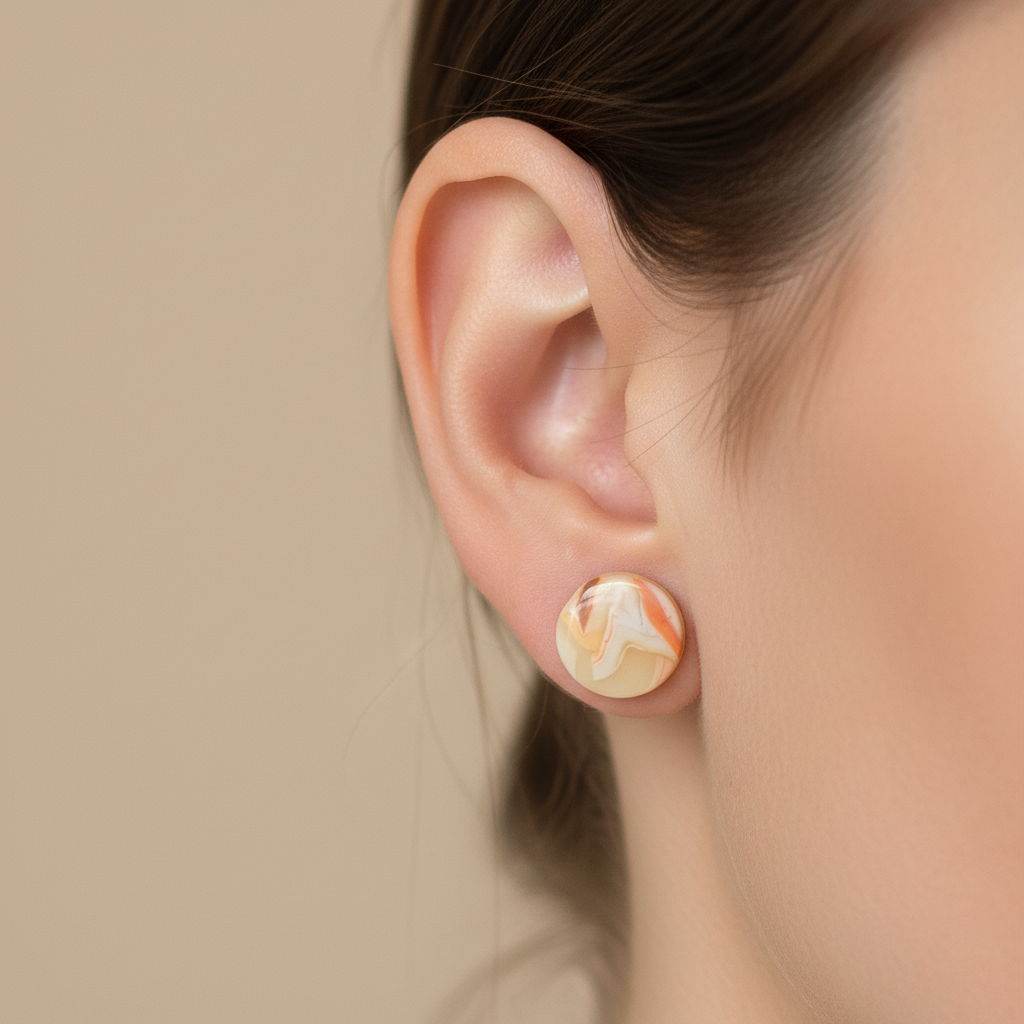 "Handmade polymer clay agate stud earrings with cream, peach, and coral marbled swirl pattern"