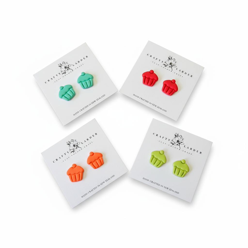 "Kids cupcake stud earrings in four colors - orange, aqua, raspberry and lime green"
