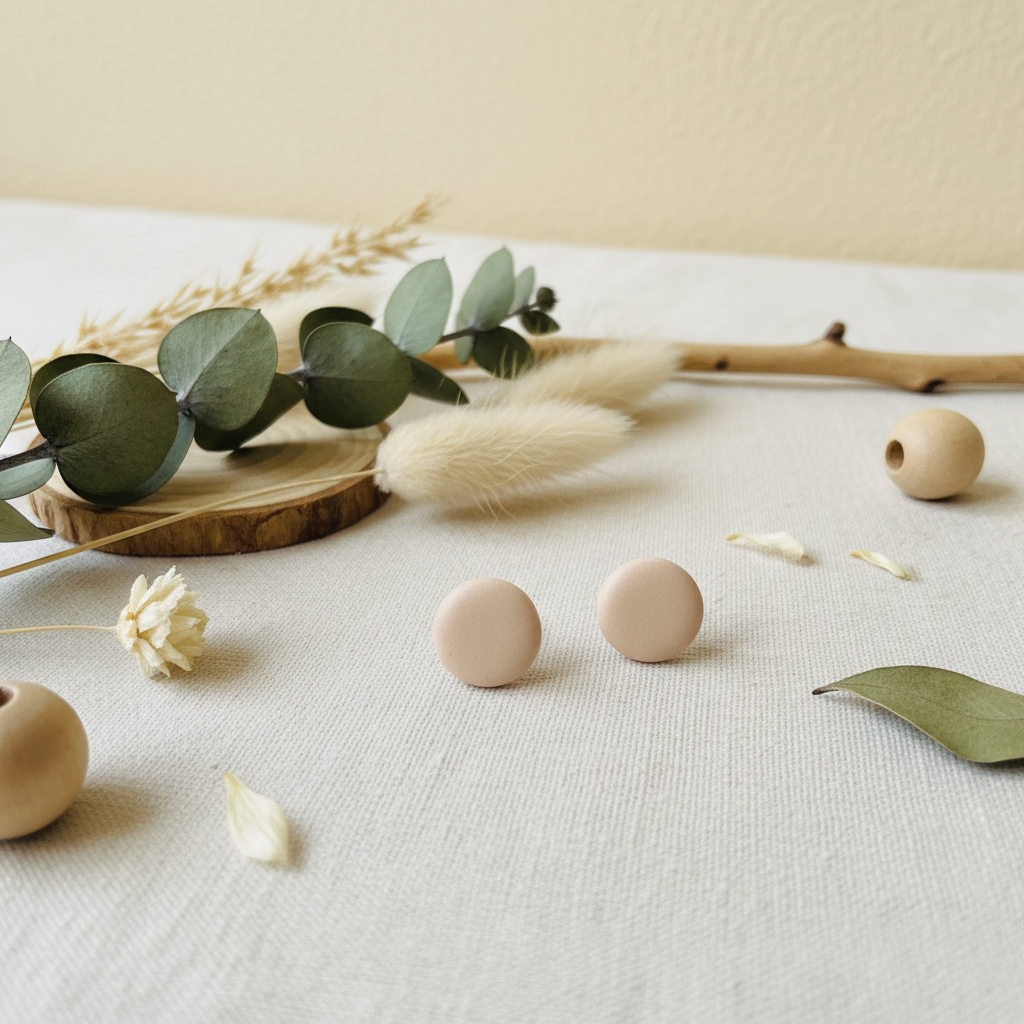 "Handmade polymer clay almond stud earrings in natural beige matte finish"