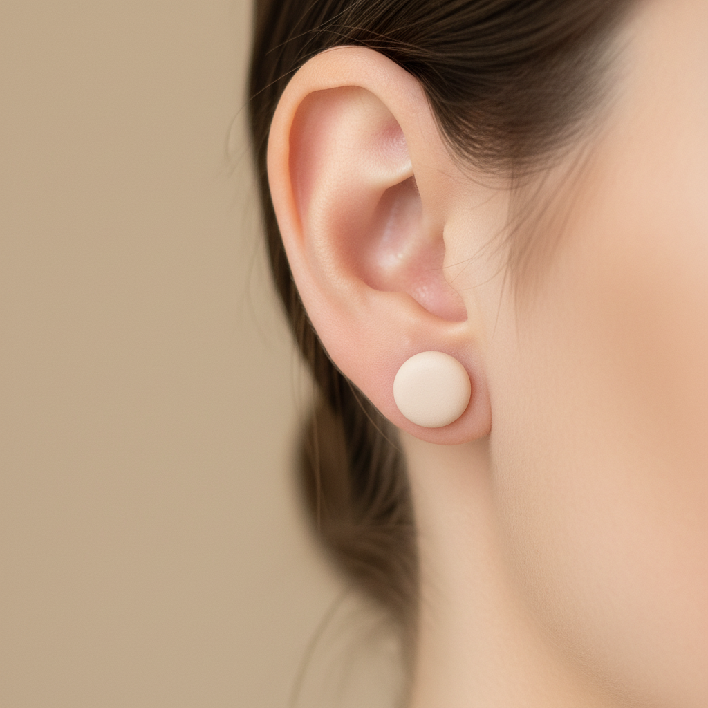 "Handmade polymer clay almond stud earrings in natural beige matte finish"