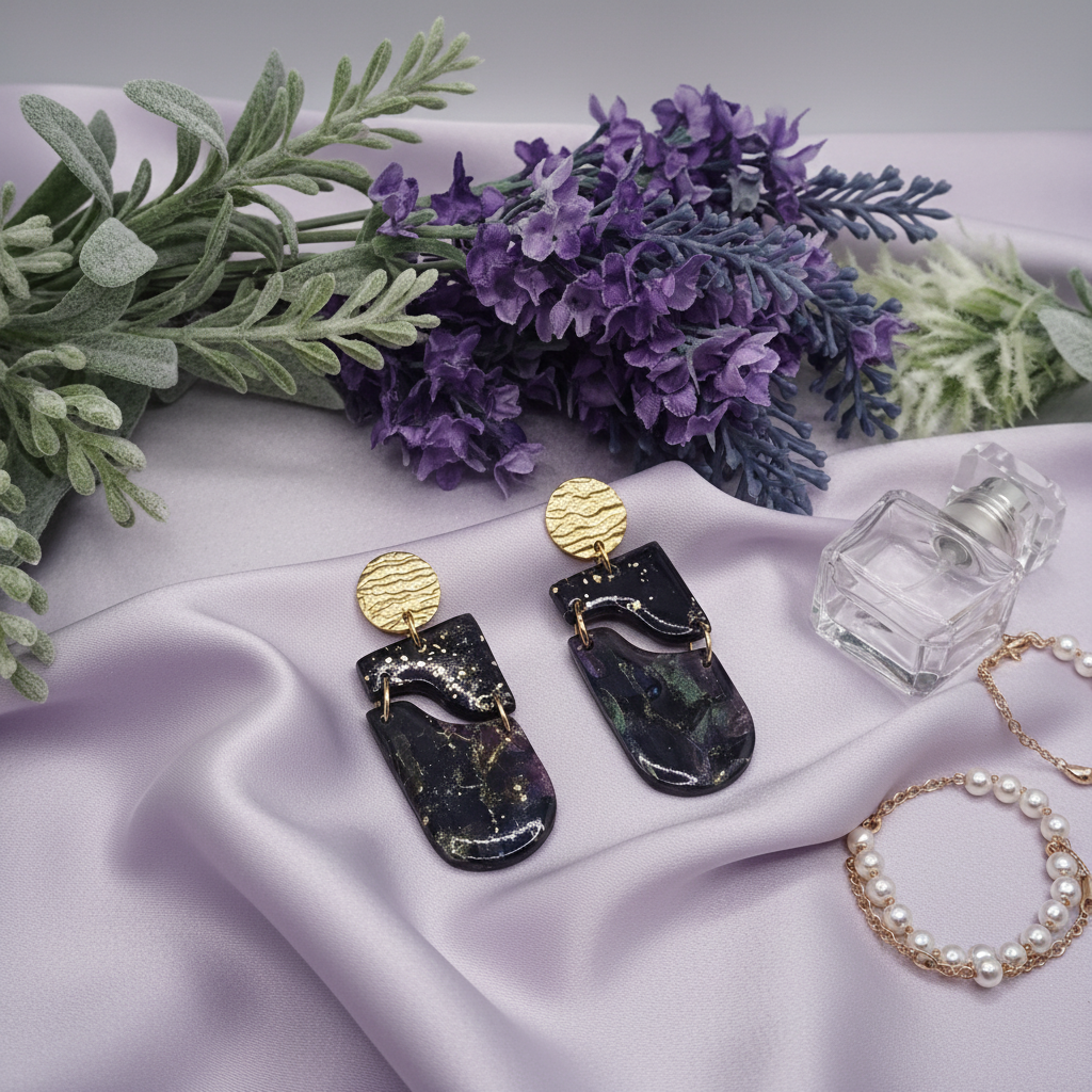 "Handmade polymer clay drop earrings with gold textured circular stud posts, black rectangular wavy cutout pieces and dark purple/black/gold mica shimmer elongated oval dangles"