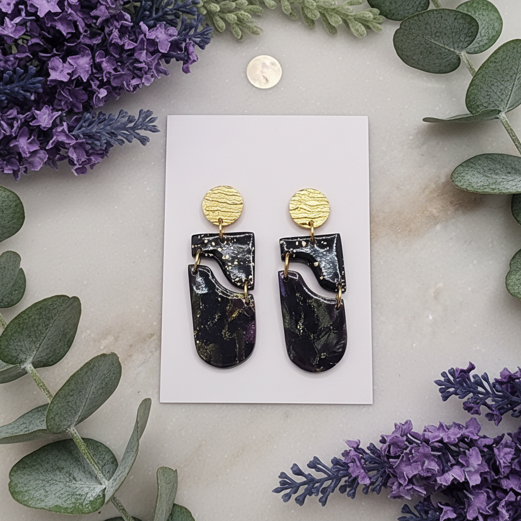 "Handmade polymer clay drop earrings with gold textured circular stud posts, black rectangular wavy cutout pieces and dark purple/black/gold mica shimmer elongated oval dangles"