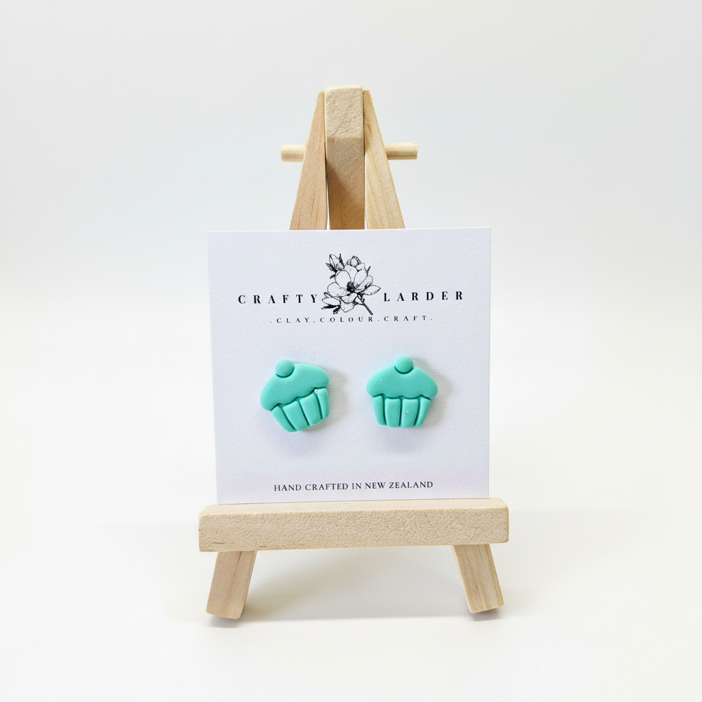 "Aqua blue cupcake stud earrings on Crafty Larder card"