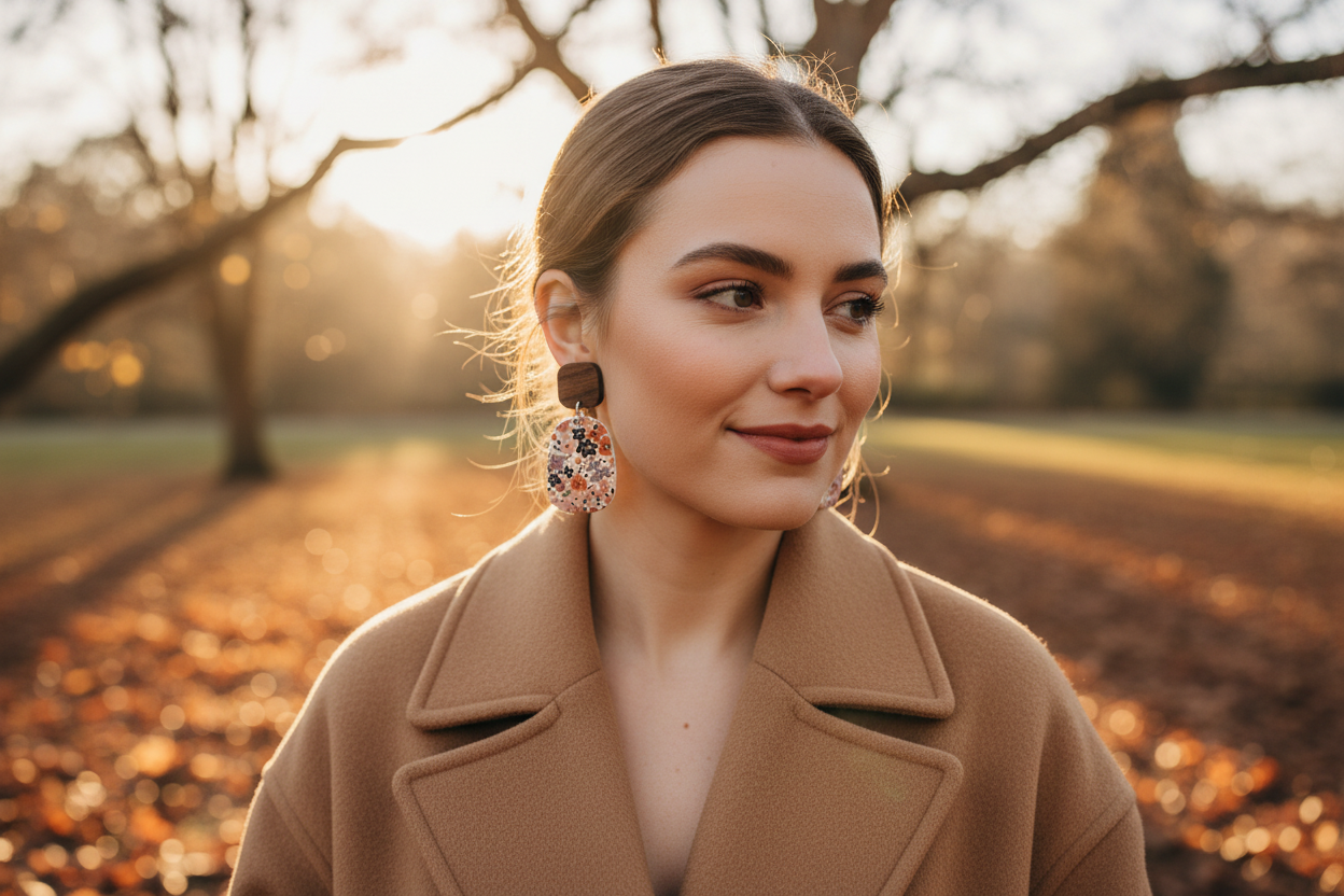 Model wearing Crafty Larder Autumn Meadow statement earrings in an autumn park setting — rounded square dark wood stud with large floral print stadium clay drop in warm rust, navy and peach on cream, styled with a camel wool coat in golden afternoon light
