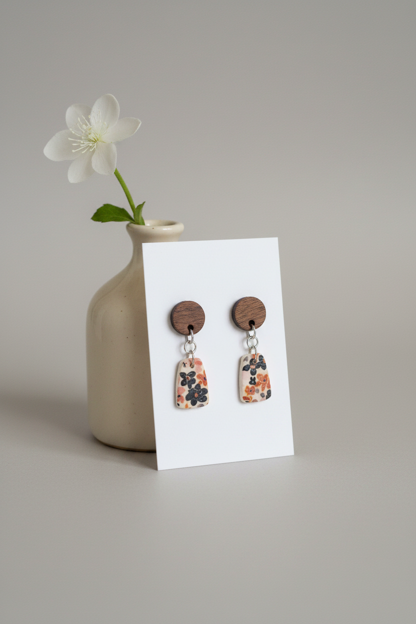 Handmade Autumn Meadow earrings — round dark wood stud with small floral trapezoid clay drop in warm rust and navy Liberty print on cream, stainless steel findings, on white jewellery card propped against ceramic vase