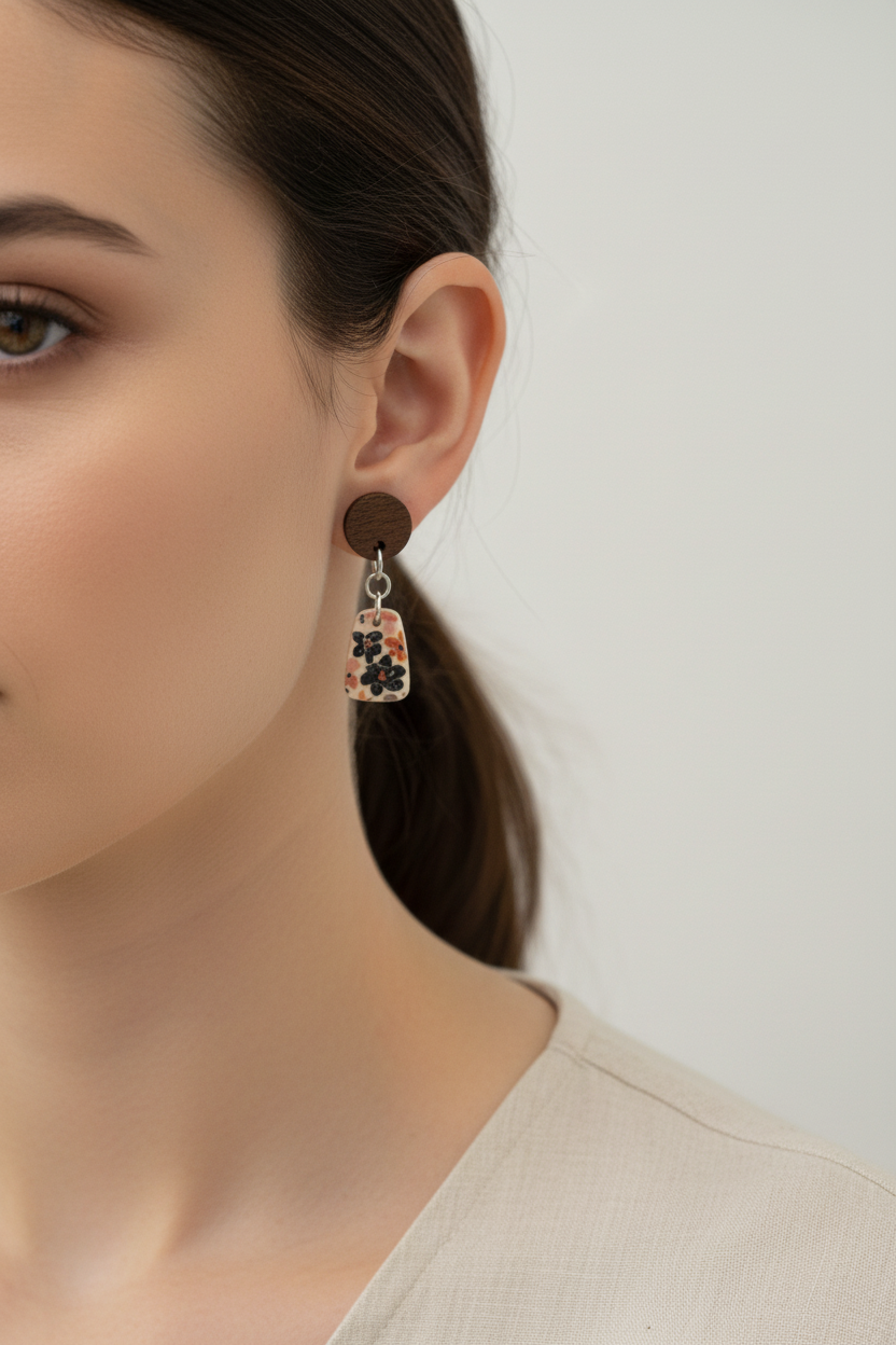 Close up of model wearing Crafty Larder Autumn Meadow earrings — round dark wood stud with small floral trapezoid clay drop in warm rust and navy Liberty print on cream, hair tucked back showing full earring