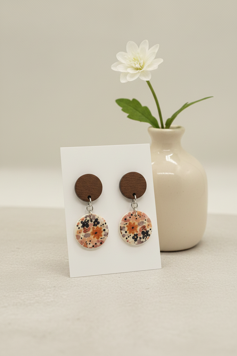 Handmade Autumn Meadow earrings — round dark wood stud with large floral circle clay drop in warm rust, peach and navy Liberty print on cream, stainless steel findings, on white jewellery card propped against ceramic vase