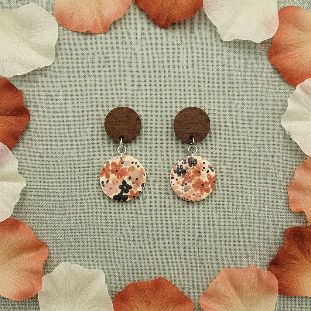 Overhead flat lay of Crafty Larder Autumn Meadow earrings on sage green linen with scattered petals — round dark wood stud with large floral circle clay drop in warm rust, peach and navy Liberty print on cream