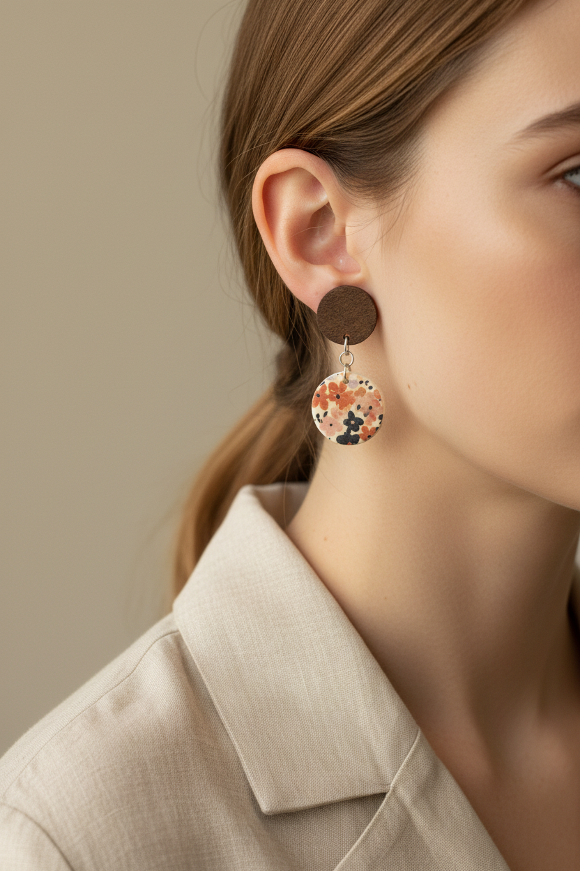 Close up of model wearing Crafty Larder Autumn Meadow earrings — round dark wood stud with large floral circle clay drop in warm rust, peach and navy Liberty print on cream, hair tucked back showing full earring