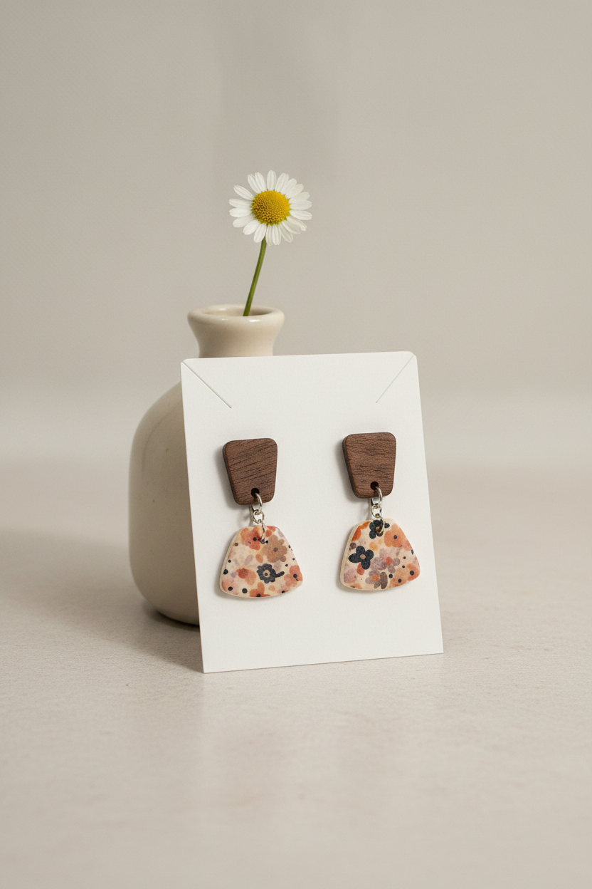 Handmade Autumn Meadow earrings — dark wood square stud with small floral fan clay drop in warm rust, peach and navy Liberty print on cream, stainless steel findings, on white jewellery card propped against ceramic vase