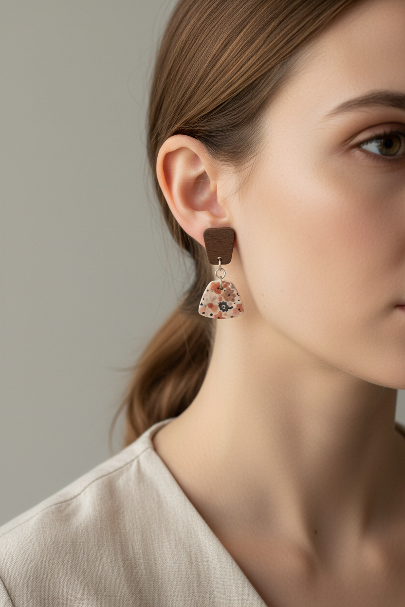 Close up of model wearing Crafty Larder Autumn Meadow earrings — dark wood square stud with small floral fan clay drop in warm rust, peach and navy Liberty print on cream, hair tucked back showing full earring