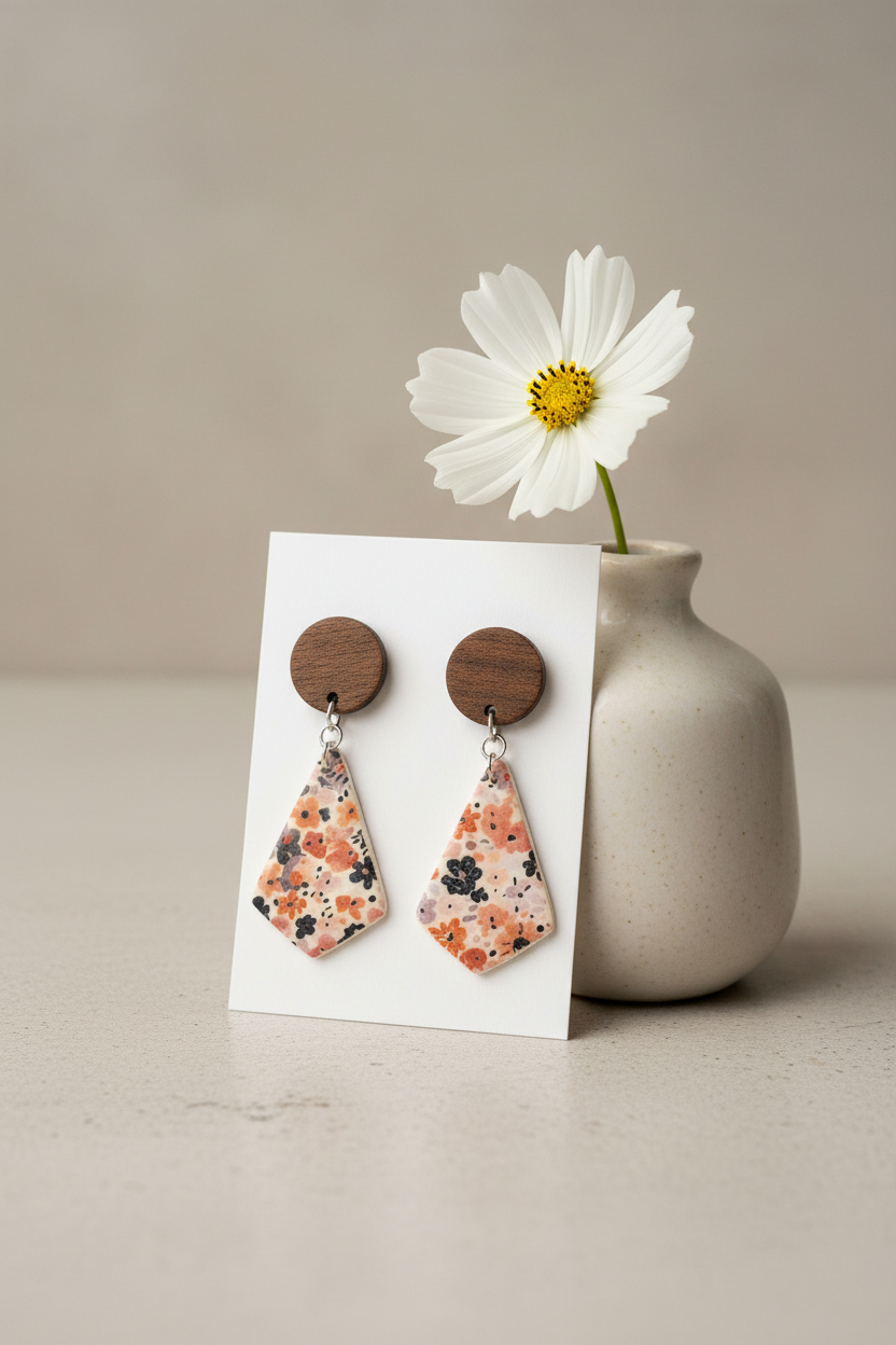 Handmade Autumn Meadow earrings — round dark wood stud with large floral diamond clay drop in warm rust, peach and navy Liberty print on cream, stainless steel findings, on white jewellery card propped against ceramic vase