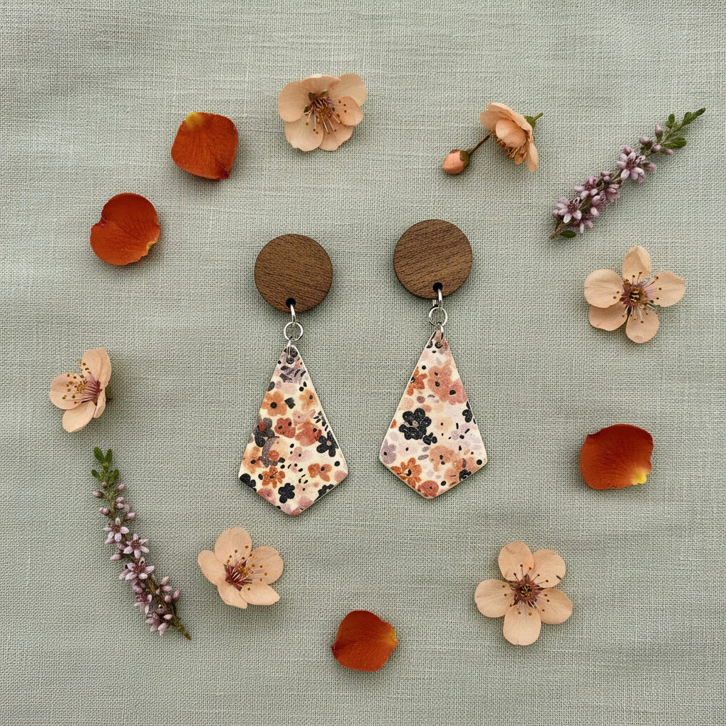 Overhead flat lay of Crafty Larder Autumn Meadow earrings on sage green linen with scattered petals — round dark wood stud with large floral diamond clay drop in warm rust, peach and navy Liberty print on cream
