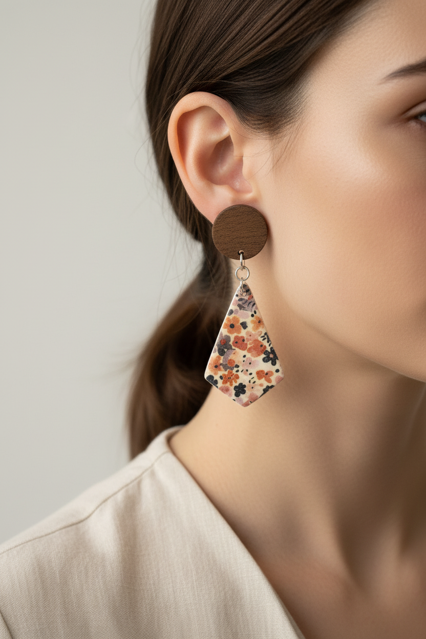 Close up of model wearing Crafty Larder Autumn Meadow statement earrings — round dark wood stud with large floral diamond clay drop in warm rust, peach and navy Liberty print on cream, hair tucked back showing full earring