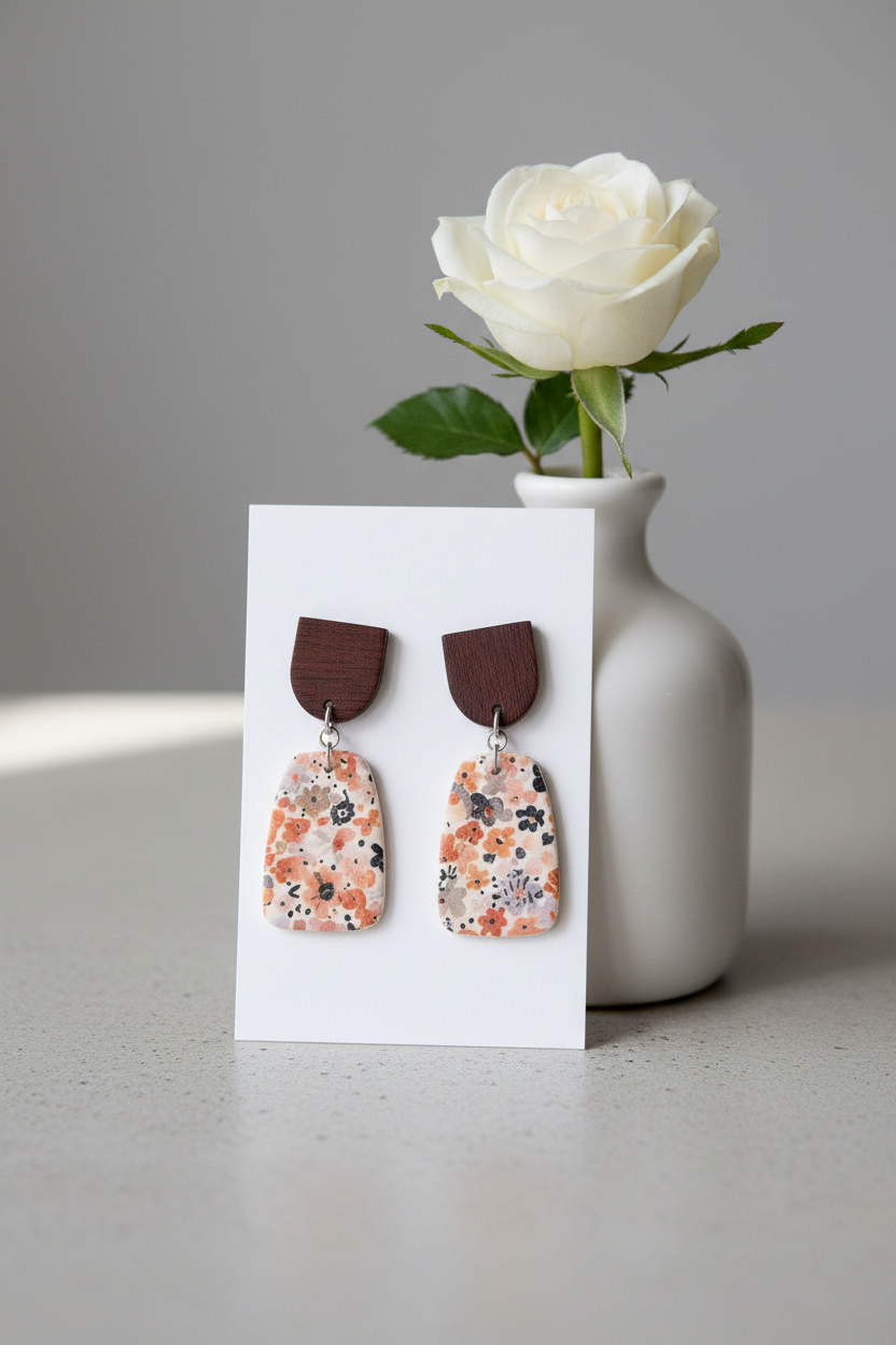 Handmade Autumn Meadow earrings — dark wood arch stud with large floral rounded trapezoid clay drop in warm rust, peach and navy Liberty print on cream, stainless steel findings, on white jewellery card propped against ceramic vase