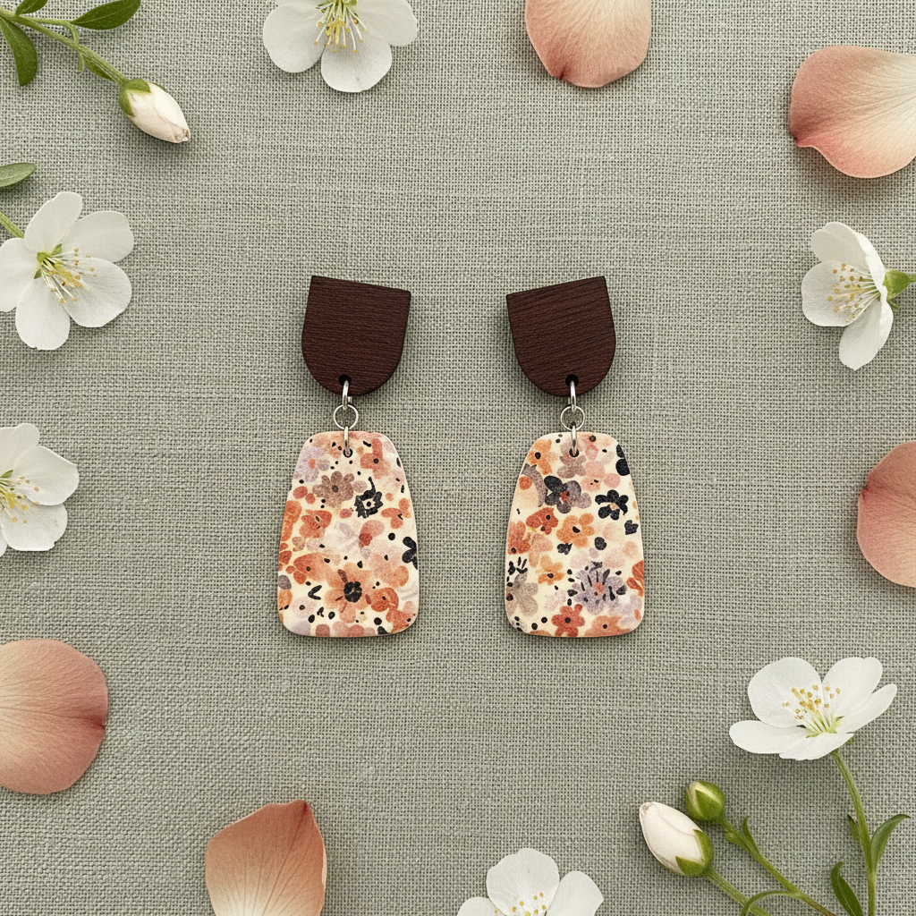 Overhead flat lay of Crafty Larder Autumn Meadow earrings loose on sage green linen with scattered petals — dark wood arch stud with large floral rounded trapezoid clay drop in warm rust, peach and navy Liberty print