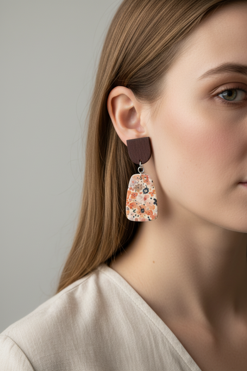 Close up of model wearing Crafty Larder Autumn Meadow statement earrings — dark wood arch stud with large floral rounded trapezoid clay drop in warm rust, peach and navy Liberty print on cream, hair tucked back