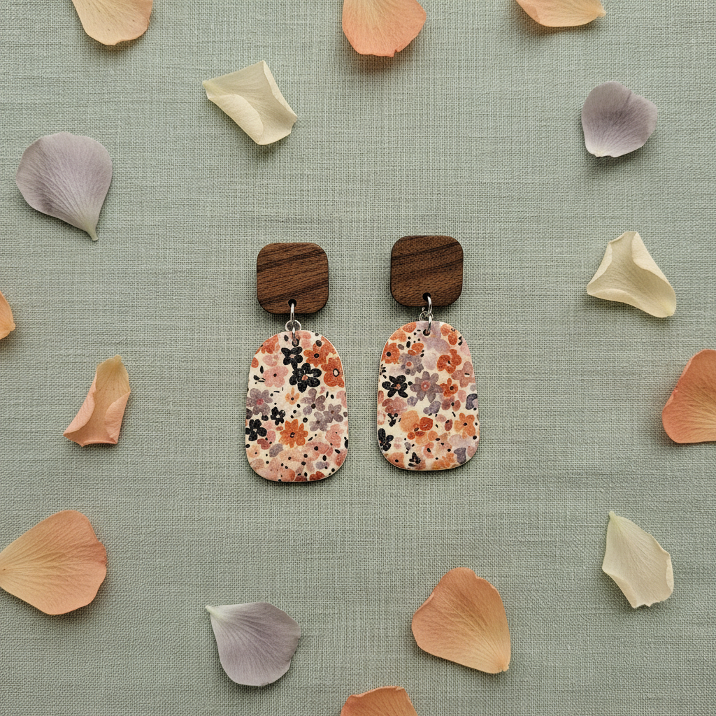Overhead flat lay of Crafty Larder Autumn Meadow earrings loose on sage green linen with scattered petals — dark wood rounded square stud with large floral stadium clay drop in warm rust, peach and navy Liberty print