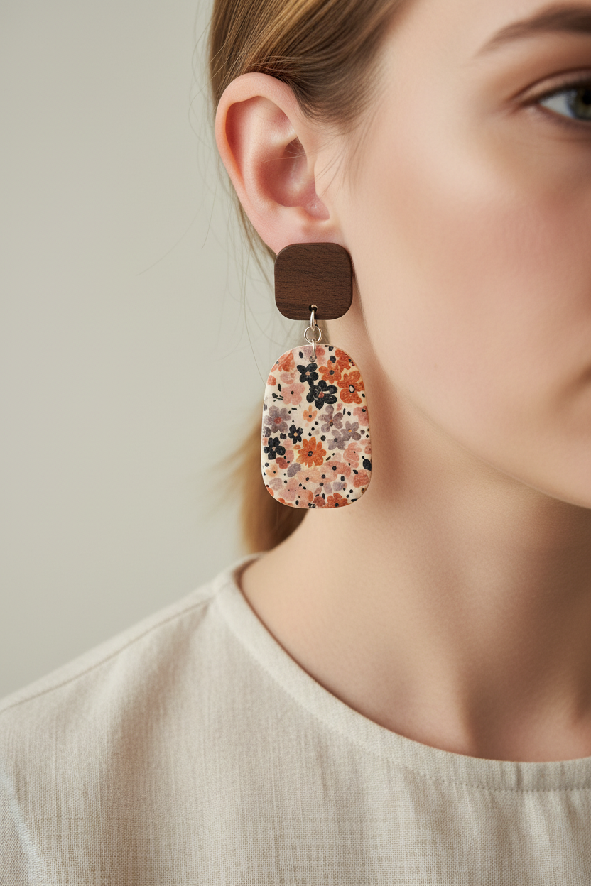 Close up of model wearing Crafty Larder Autumn Meadow statement earrings — dark wood rounded square stud with large floral stadium clay drop in warm rust, peach and navy Liberty print on cream, hair tucked back