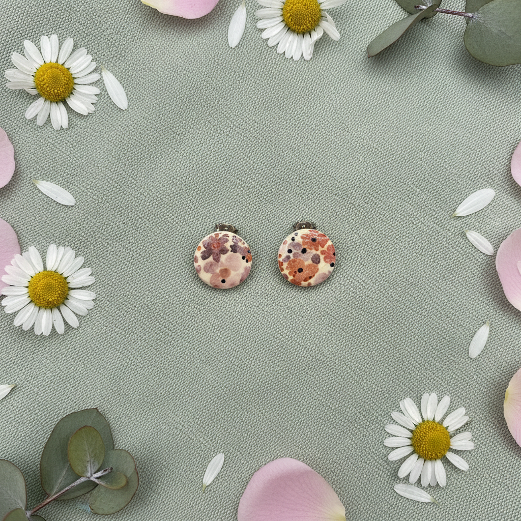 Overhead flat lay of Crafty Larder Autumn Meadow circle stud earrings on sage green linen with scattered petals — handmade polymer clay Liberty-style floral print studs in warm rust, mauve and navy on cream