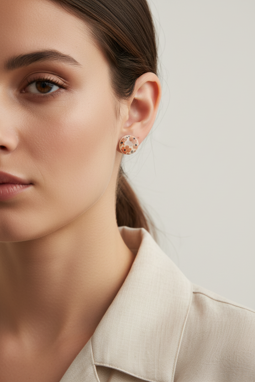 Close up of model wearing Crafty Larder Autumn Meadow circle stud earrings — handmade polymer clay Liberty-style floral print studs in warm rust, mauve and navy on cream, hair tucked back showing earring on lobe