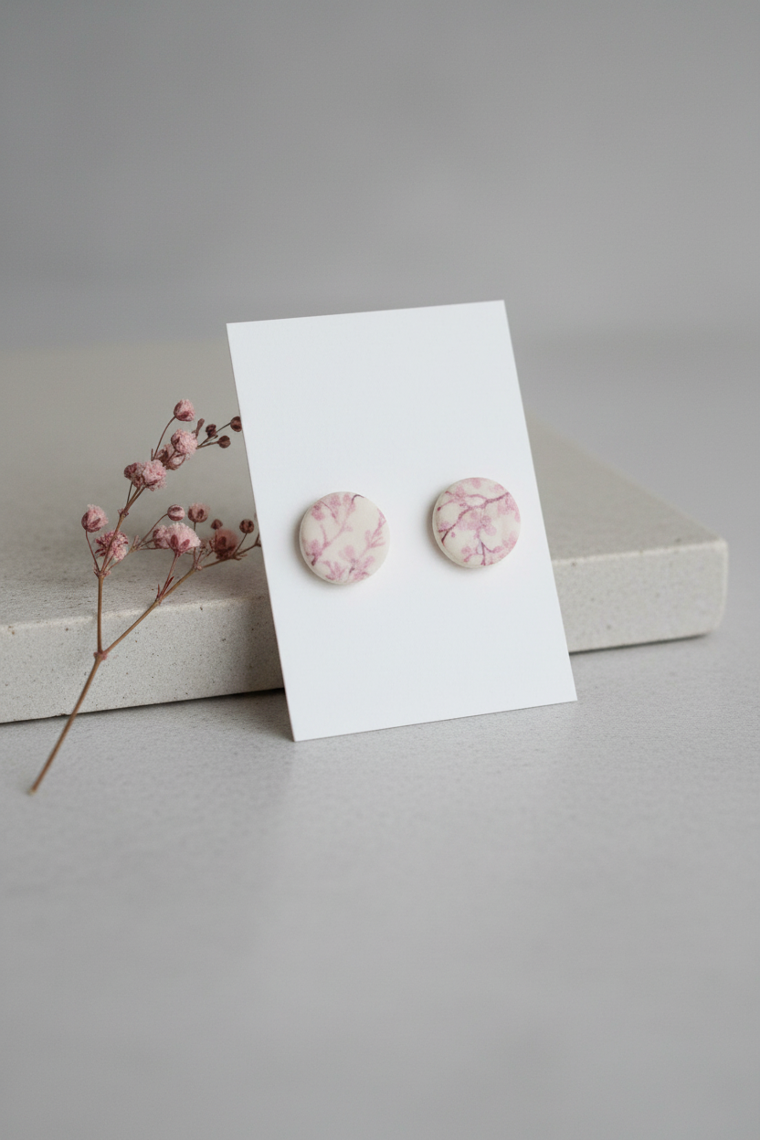 Handmade Blossom Branch earrings — small round polymer clay circle studs with delicate soft pink cherry blossom branch print on cream, stainless steel posts, on white jewellery card propped on pale grey stone with cherry blossom sprig