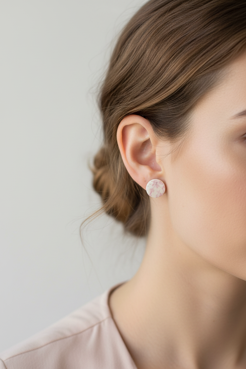 Close up of model wearing Crafty Larder Blossom Branch earrings — small round polymer clay circle studs with delicate soft pink cherry blossom print on cream, hair tucked back showing studs on lobe