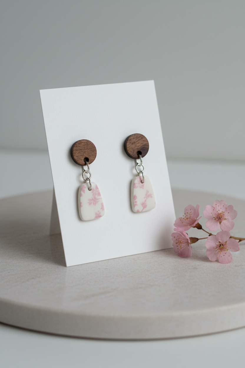 Handmade Blossom Branch earrings — round dark wood stud with small rounded trapezoid clay drop featuring delicate soft pink cherry blossom print on cream, on white jewellery card propped on pale grey stone with cherry blossom sprig