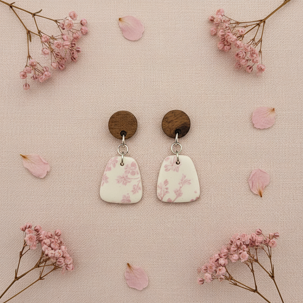 Overhead flat lay of Crafty Larder Blossom Branch earrings on blush pink linen with dried cherry blossom petals — round dark wood stud with small rounded trapezoid clay drop featuring delicate soft pink cherry blossom print on cream