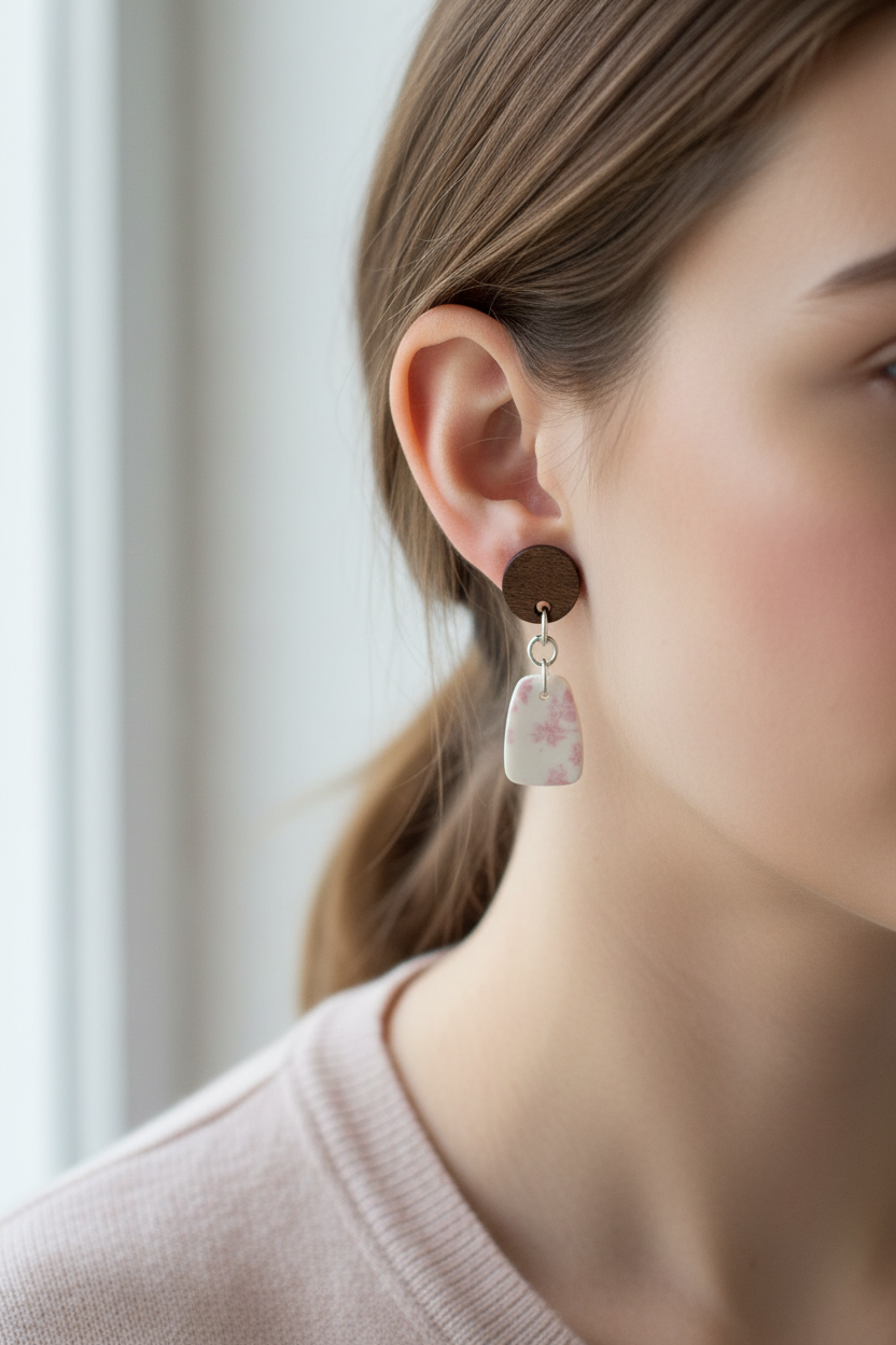 Close up of model wearing Crafty Larder Blossom Branch earrings — round dark wood stud with small rounded trapezoid clay drop featuring delicate soft pink cherry blossom print on cream
