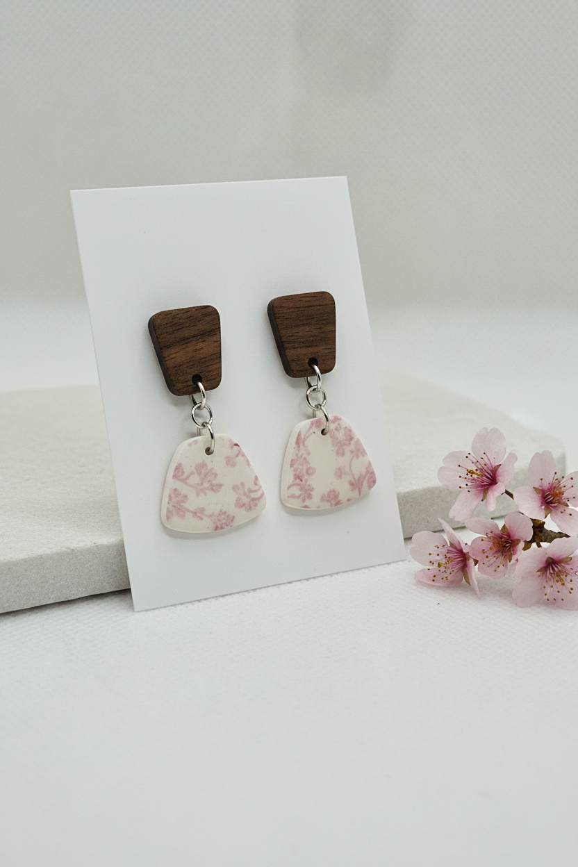 Handmade Blossom Branch earrings — trapezoid dark wood stud with chunky fan-shaped clay drop featuring delicate soft pink cherry blossom print on cream, on white jewellery card propped on pale grey stone with cherry blossom sprig