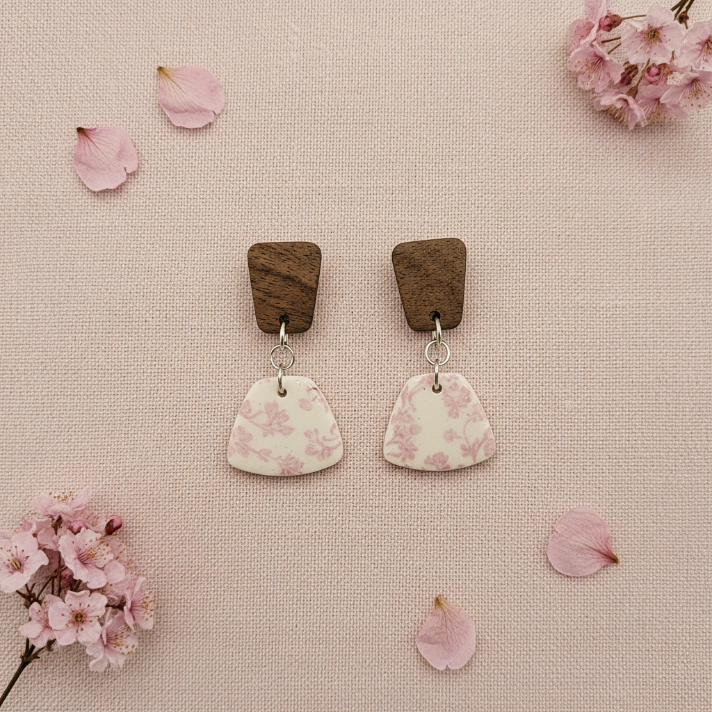 Overhead flat lay of Crafty Larder Blossom Branch earrings on blush pink linen with dried cherry blossom petals — trapezoid dark wood stud with chunky fan-shaped clay drop featuring delicate soft pink cherry blossom print on cream