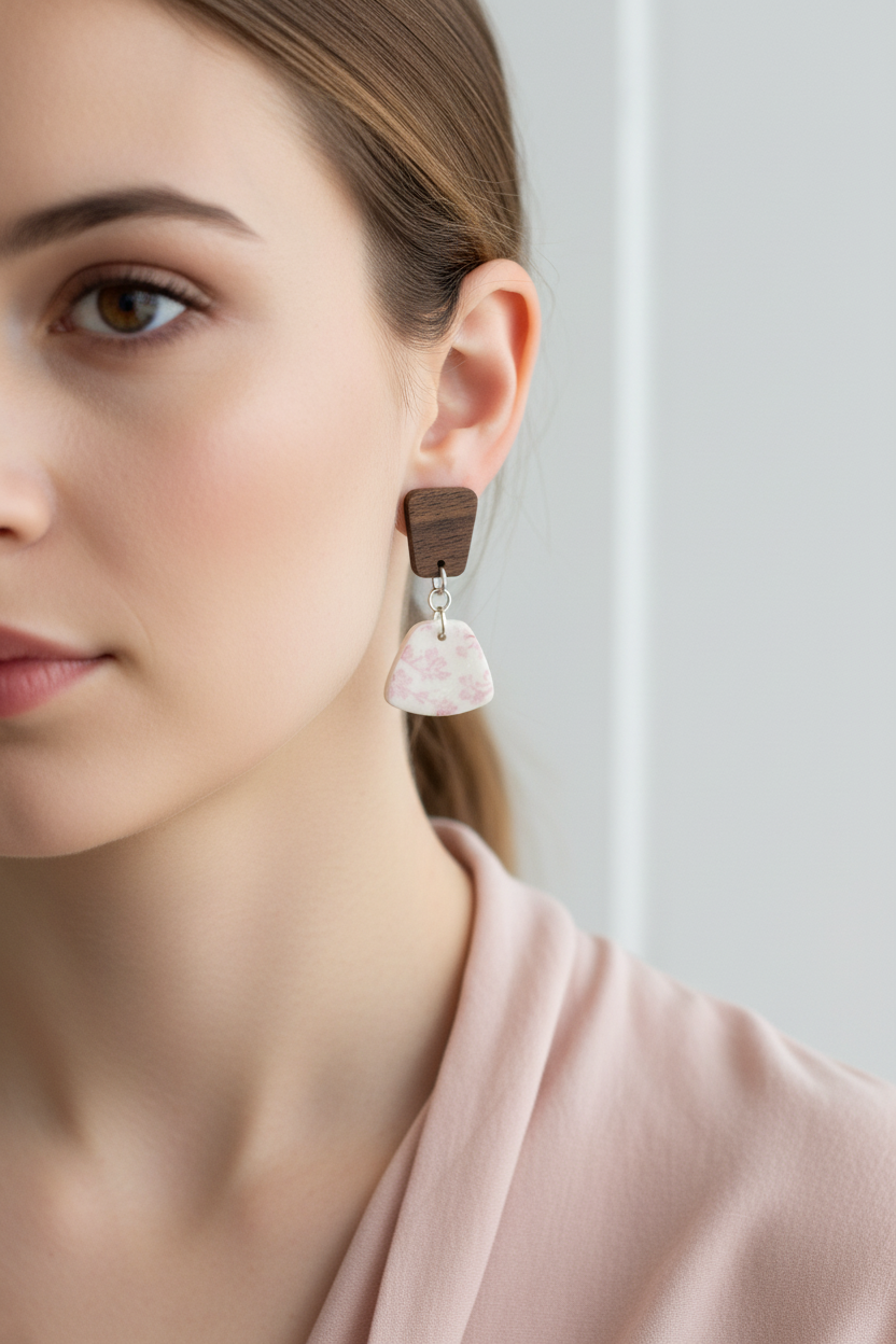 Close up of model wearing Crafty Larder Blossom Branch earrings — trapezoid dark wood stud with chunky fan-shaped clay drop featuring delicate soft pink cherry blossom print on cream
