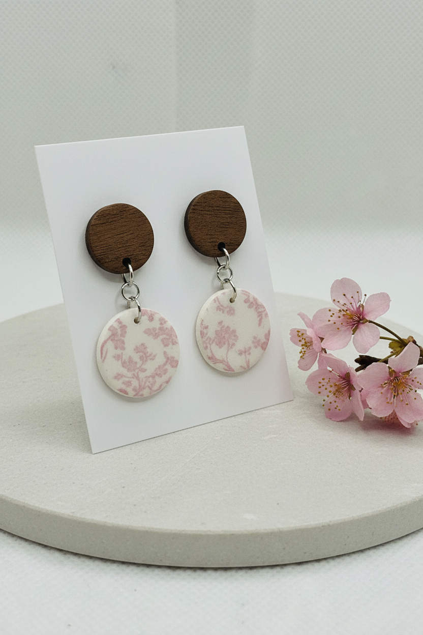 Handmade Blossom Branch earrings — round dark wood stud with large round circle clay drop featuring delicate soft pink cherry blossom print on cream, on white jewellery card propped on pale grey stone with cherry blossom sprig