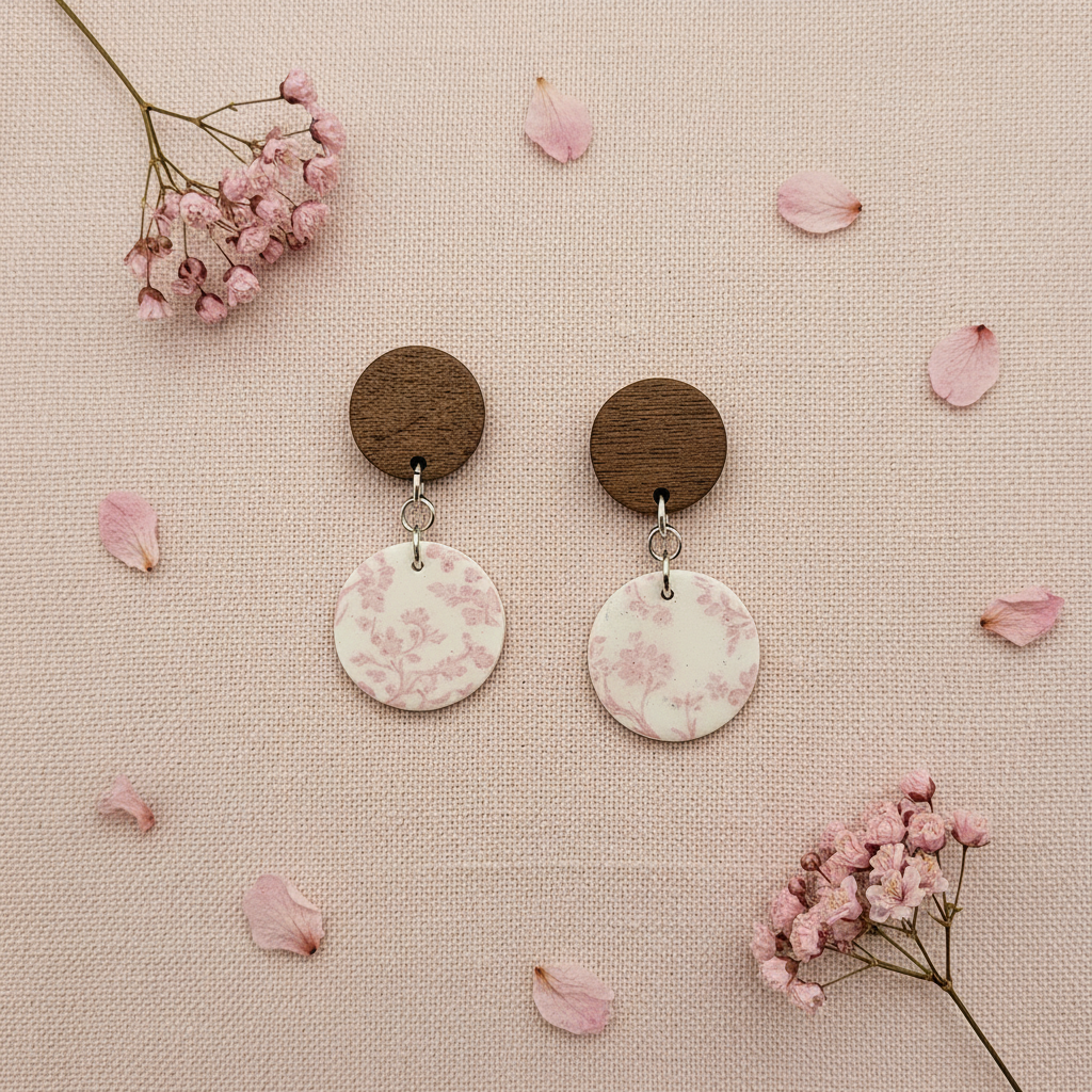 Overhead flat lay of Crafty Larder Blossom Branch earrings on blush pink linen with dried cherry blossom petals — round dark wood stud with large round circle clay drop featuring delicate soft pink cherry blossom print on cream