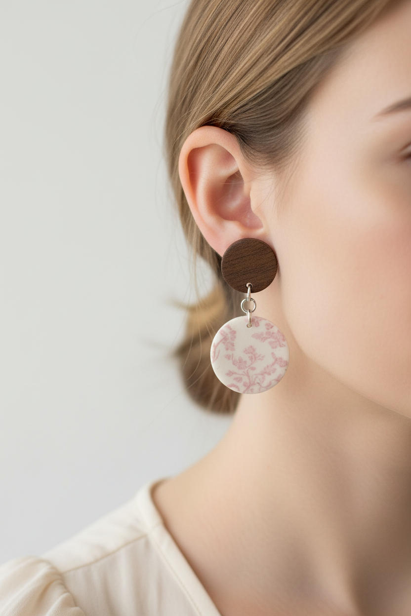 Close up of model wearing Crafty Larder Blossom Branch earrings — round dark wood stud with large round circle clay drop featuring delicate soft pink cherry blossom print on cream