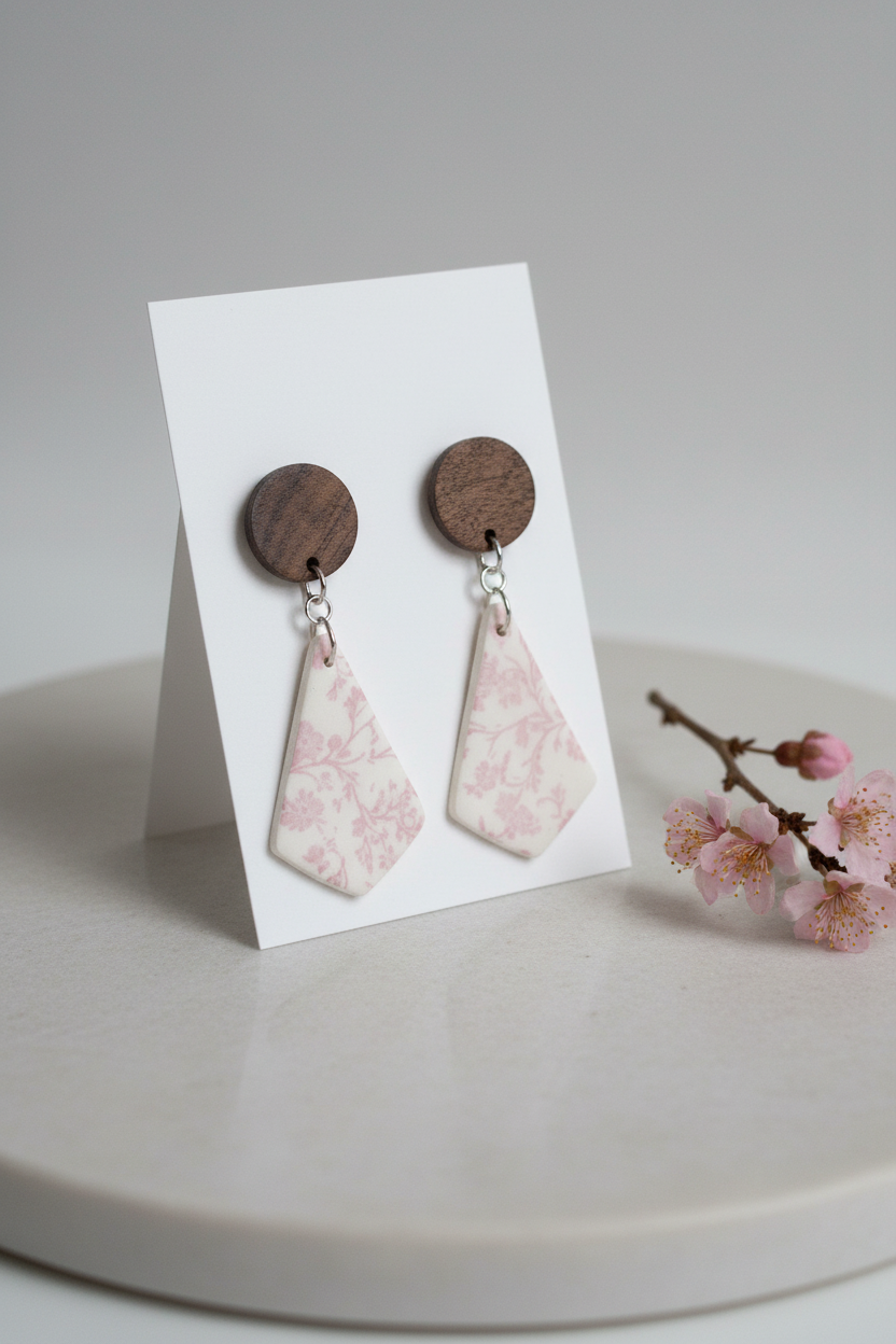 Handmade Blossom Branch earrings — round dark wood stud with large kite-shaped clay drop featuring delicate soft pink cherry blossom print on cream, on white jewellery card propped on pale grey stone with cherry blossom sprig
