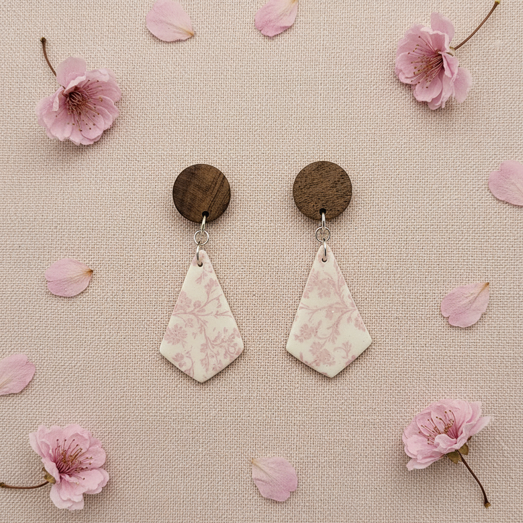 Overhead flat lay of Crafty Larder Blossom Branch earrings on blush pink linen with dried cherry blossom petals — round dark wood stud with large kite-shaped clay drop featuring delicate soft pink cherry blossom print on cream
