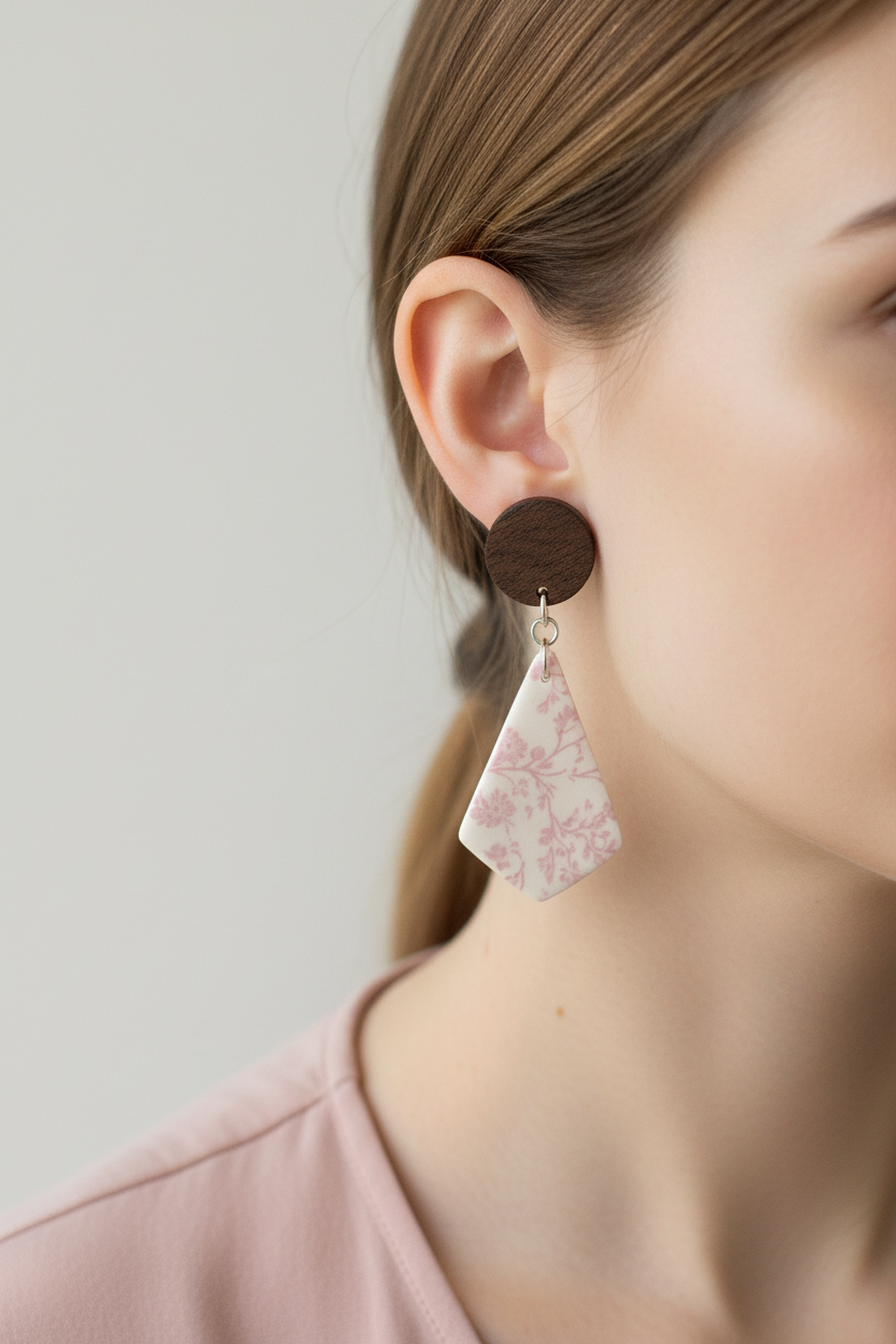 Close up of model wearing Crafty Larder Blossom Branch earrings — round dark wood stud with large kite-shaped clay drop featuring delicate soft pink cherry blossom print on cream, hair tucked back showing full earring length