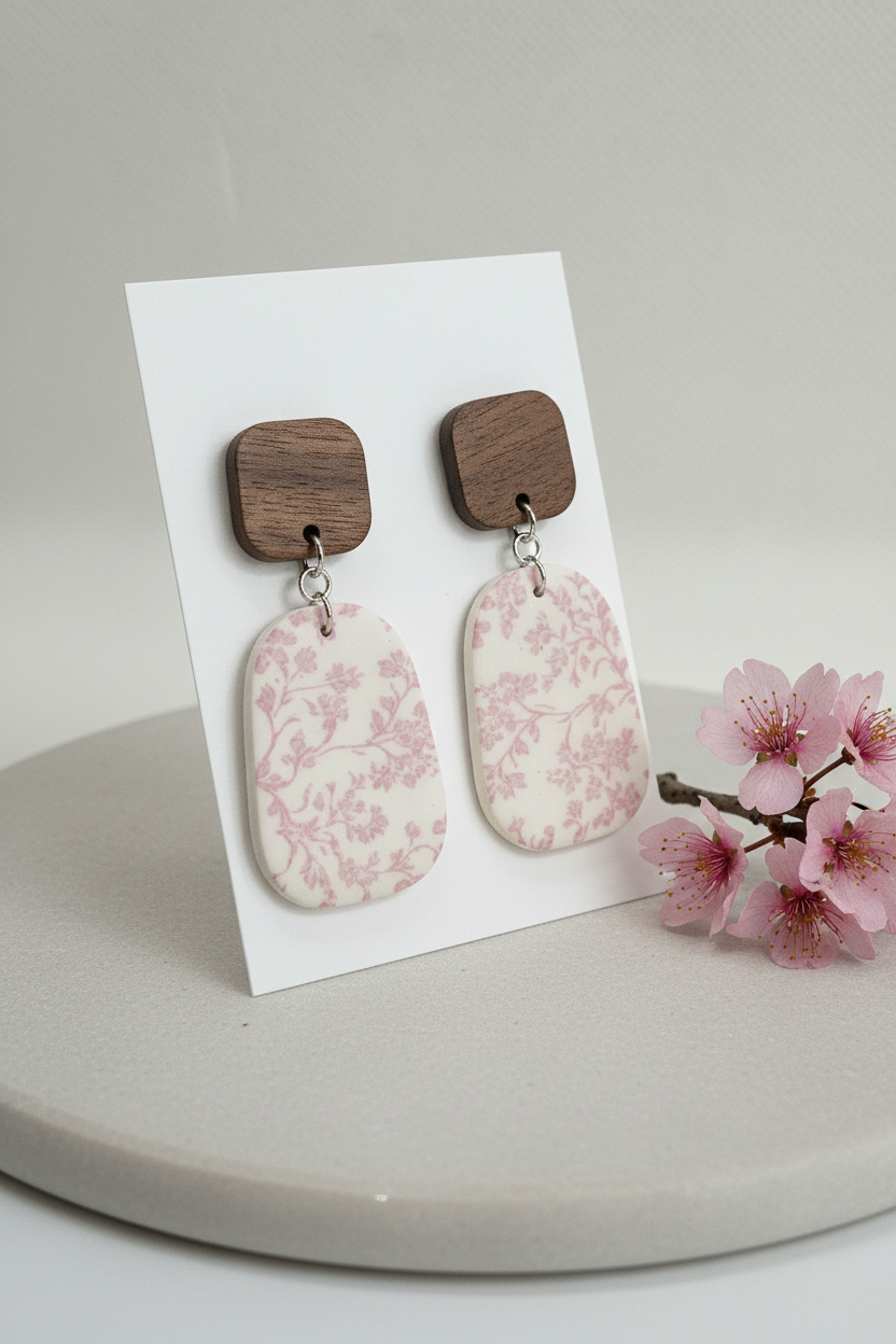 Handmade Blossom Branch earrings — chunky rounded square dark wood stud with large pebble-shaped clay drop featuring delicate soft pink cherry blossom print on cream, on white jewellery card propped on pale grey stone with cherry blossom sprig