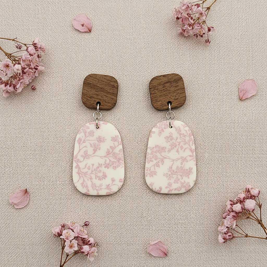 Overhead flat lay of Crafty Larder Blossom Branch earrings on blush pink linen with dried cherry blossom petals — chunky rounded square dark wood stud with large pebble-shaped clay drop featuring delicate soft pink cherry blossom print on cream
