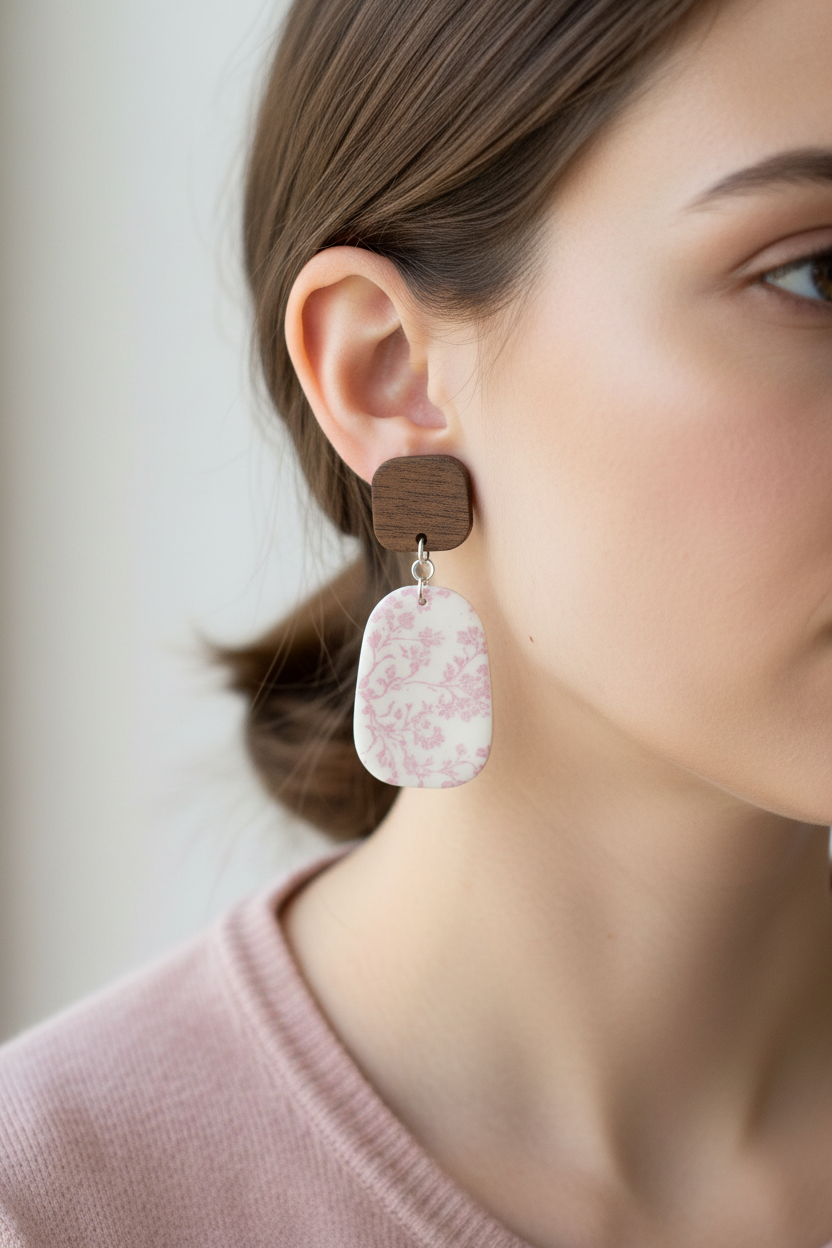 Close up of model wearing Crafty Larder Blossom Branch earrings — chunky rounded square dark wood stud with large pebble-shaped clay drop featuring delicate soft pink cherry blossom print on cream