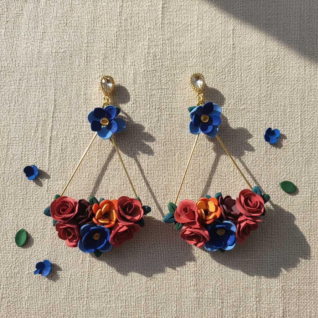 Flat lay of handmade polymer clay triangle earrings with blue flowers on neutral linen with scattered clay petals