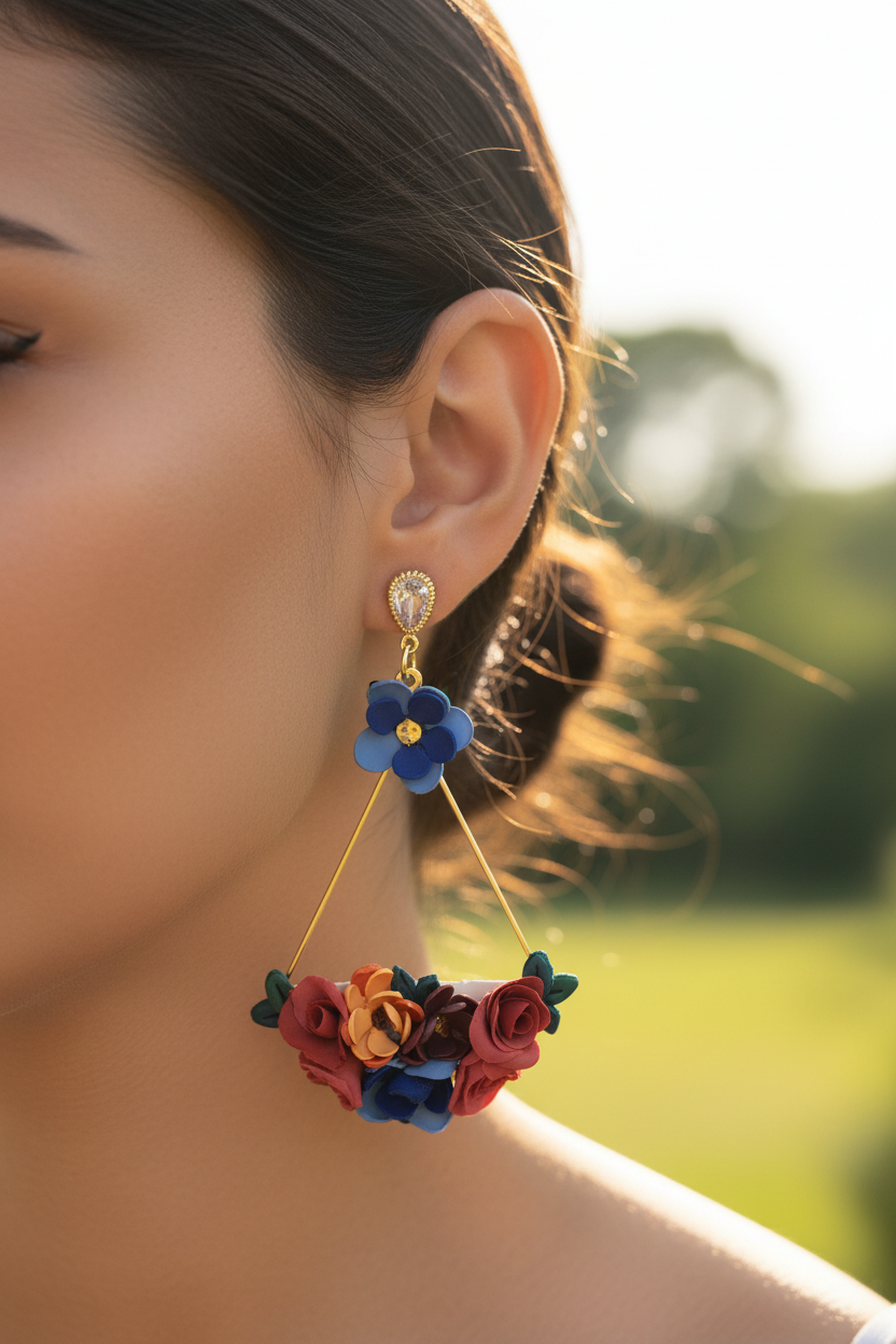 Woman wearing Summer Floral Triangle Dangles showing blue top flower and multicolor floral triangle design