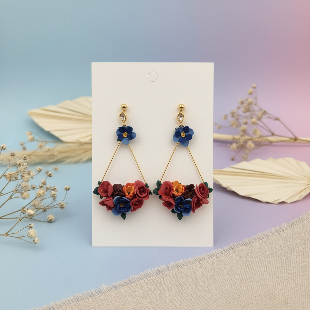 Summer Floral Triangle Dangles in blue displayed on white card with pastel gradient background and dried flower styling
