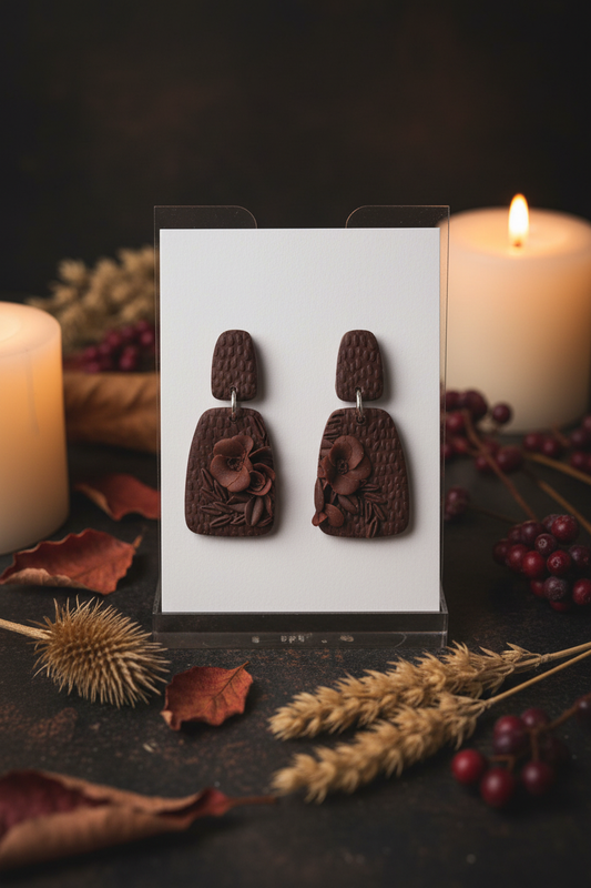 Handmade polymer clay Botanical Arch Earrings in Hot Chocolate — dark chocolate brown textured arch drop with sculpted 3D roses and leaves, displayed on a white jewellery card with moody autumn botanical props, handcrafted in New Zealand by Crafty Larder