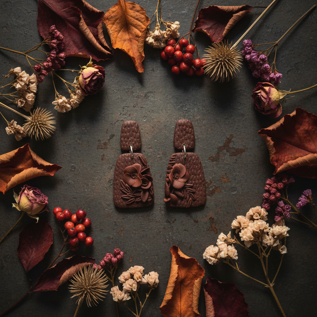 Handmade polymer clay Botanical Arch Earrings in Hot Chocolate — dark chocolate brown arch drop with sculpted 3D botanical roses and leaves, styled flat lay with dried autumn leaves, seed heads and berries by Crafty Larder New Zealand