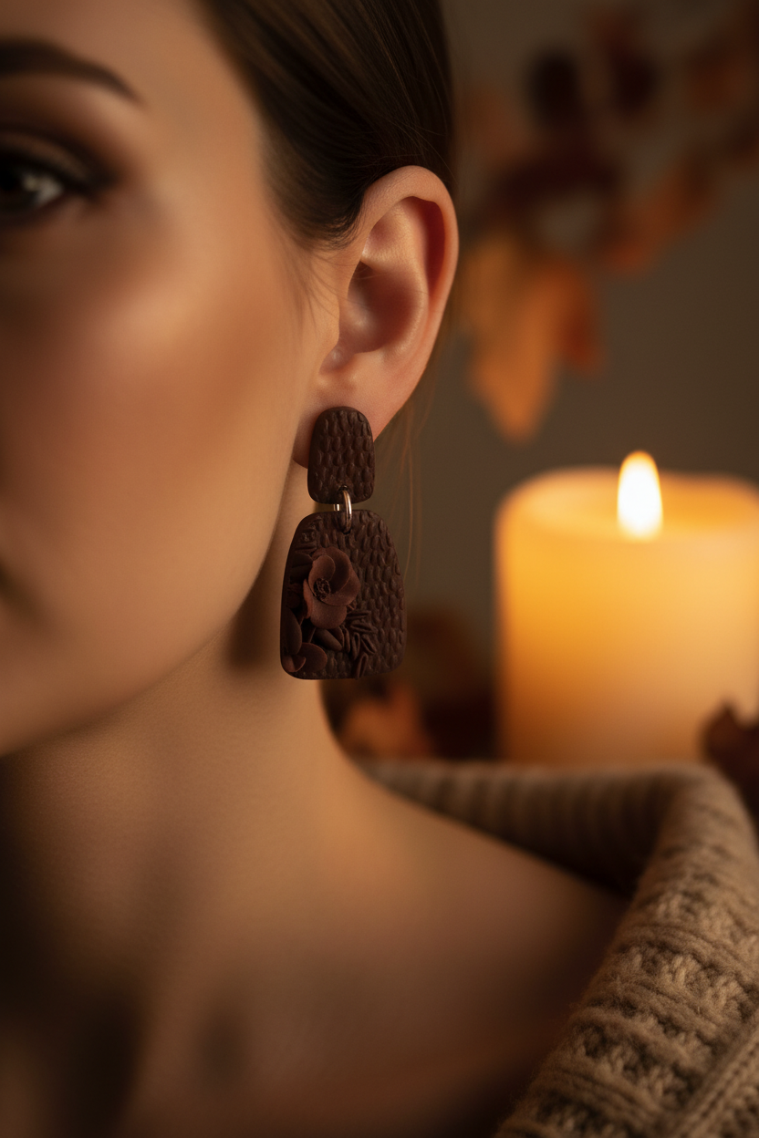 Model wearing Crafty Larder Botanical Arch Earrings in Hot Chocolate — small 4.5cm dark chocolate brown polymer clay arch drop with 3D floral detail and silver hoop connector, styled in a moody candlelit autumn portrait