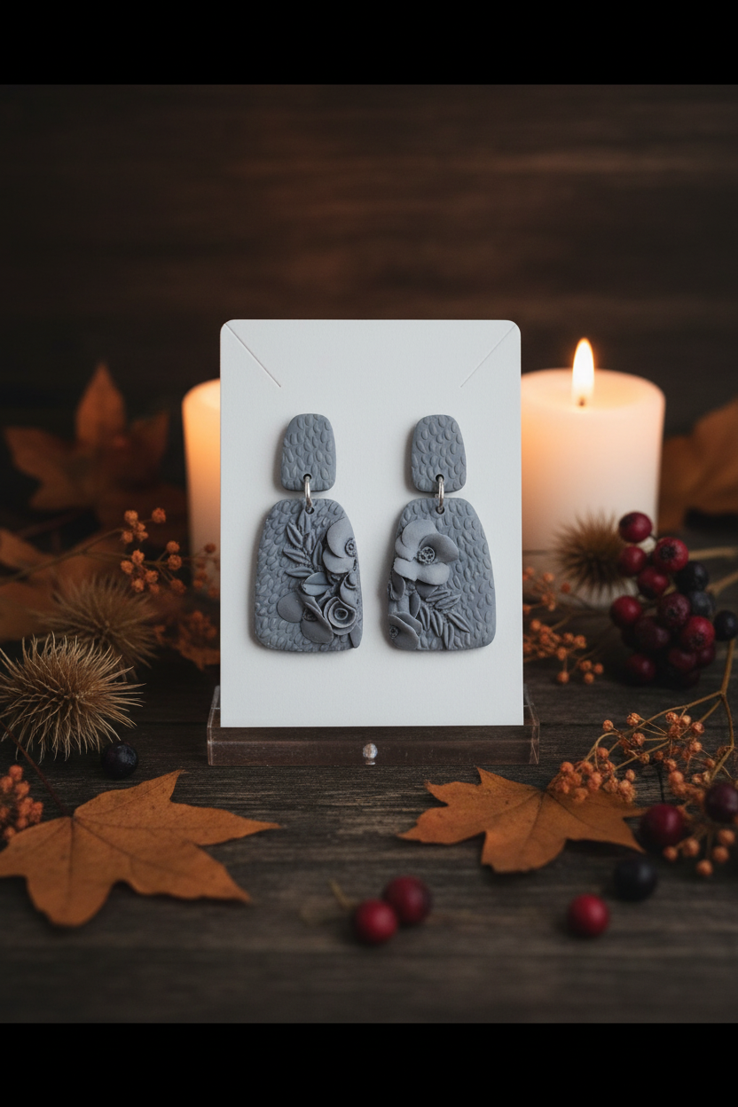 Handmade polymer clay Botanical Arch Earrings in Vapor Blue — soft grey-blue textured arch drop with sculpted 3D roses and leaves, displayed on a white jewellery card with moody autumn botanical props, handcrafted in New Zealand by Crafty Larder