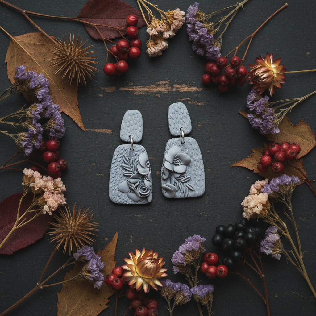 Handmade polymer clay Botanical Arch Earrings in Vapor Blue — soft grey-blue arch drop with sculpted 3D botanical roses and leaves, styled flat lay with dried autumn leaves, seed heads and berries by Crafty Larder New Zealand